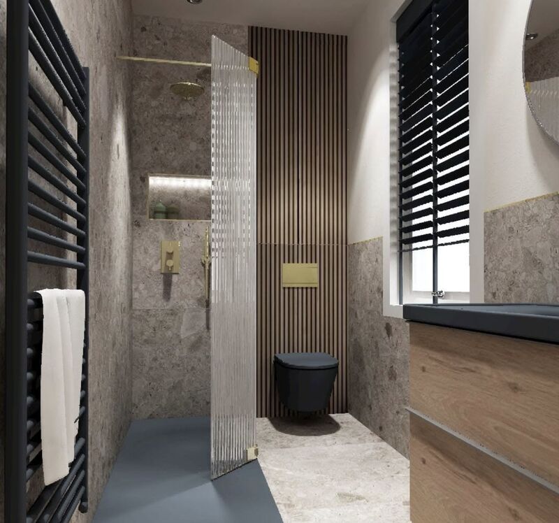 Terrazzo wall and floor tiles with wood slat panelling
