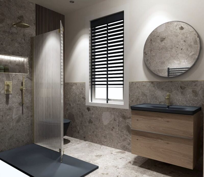 Terrazzo bathroom with oak vanity, round mirror and fluted glass screen